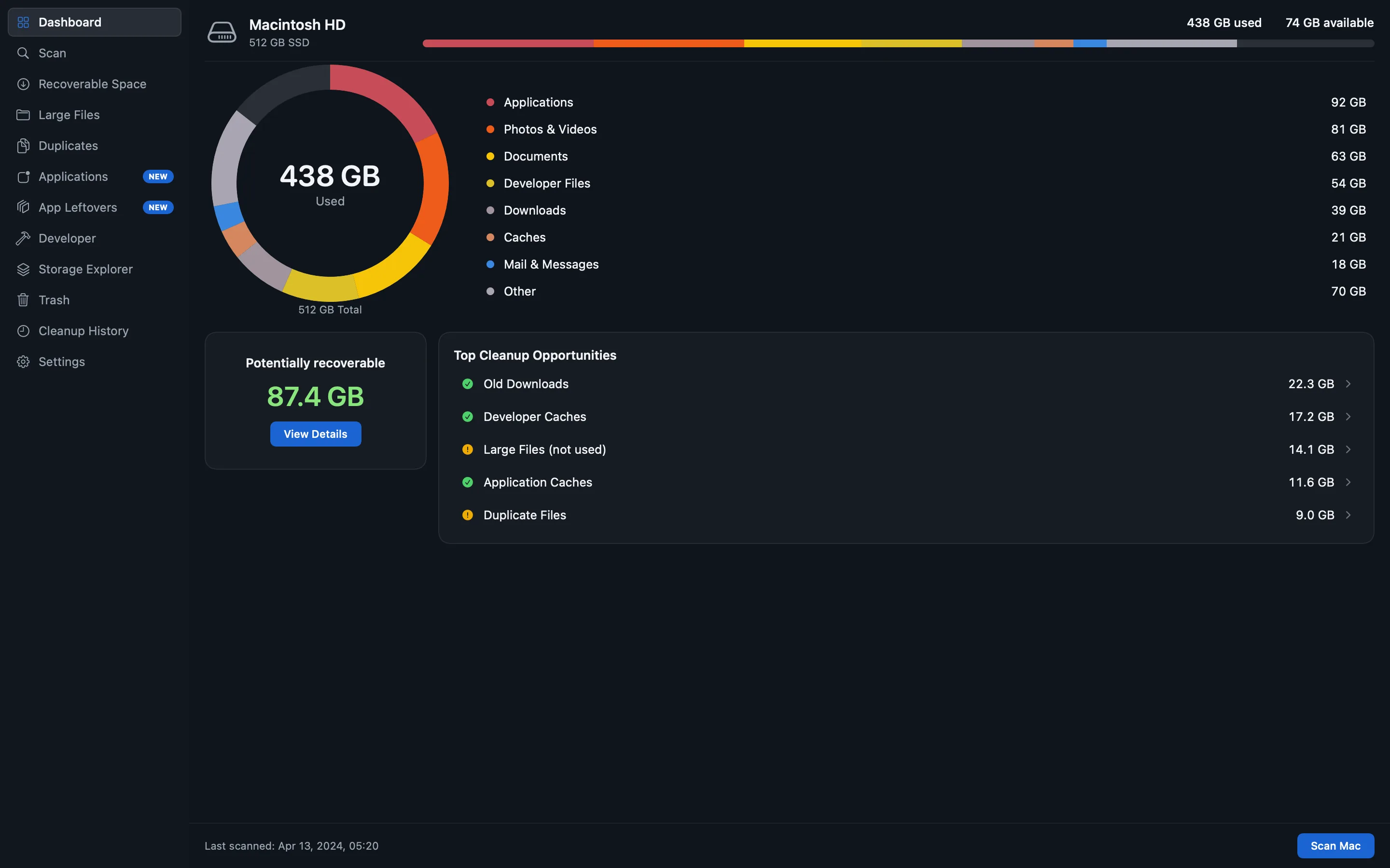 The Dashboard: a ring chart of 438 GB used of a 512 GB disk with a category breakdown beside it, 87.4 GB marked potentially recoverable, and the five largest cleanup opportunities listed underneath.