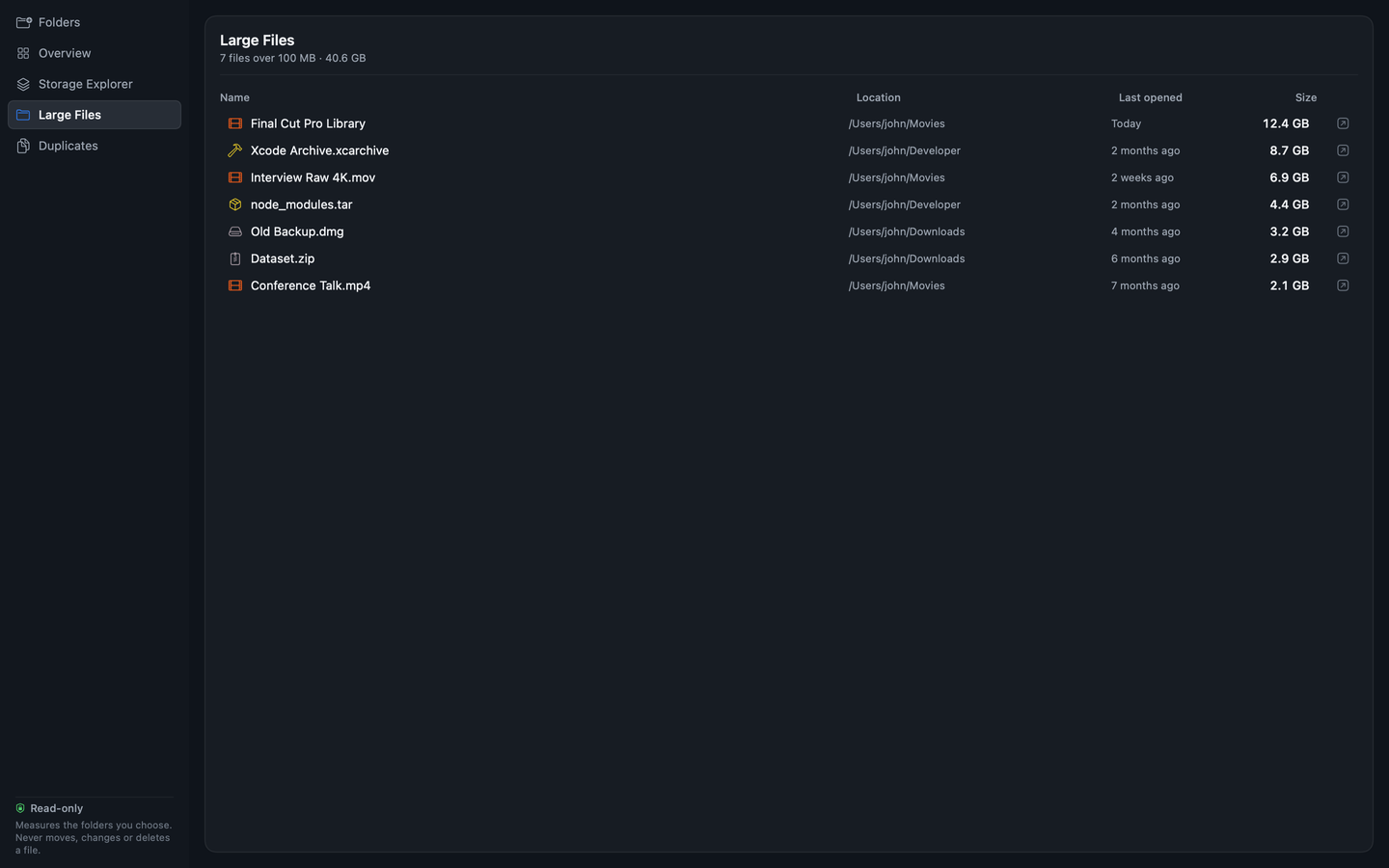 The Large Files screen: seven files over 100 MB listed with location, when each was last opened, and size.