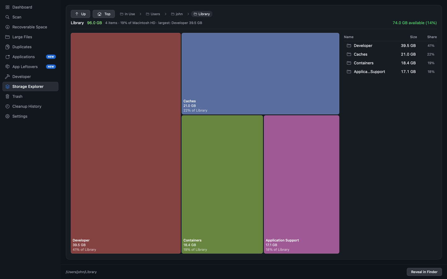 The Storage Explorer screen: a treemap of a Library folder where each rectangle is sized by the space it uses, with the same folders listed beside it.
