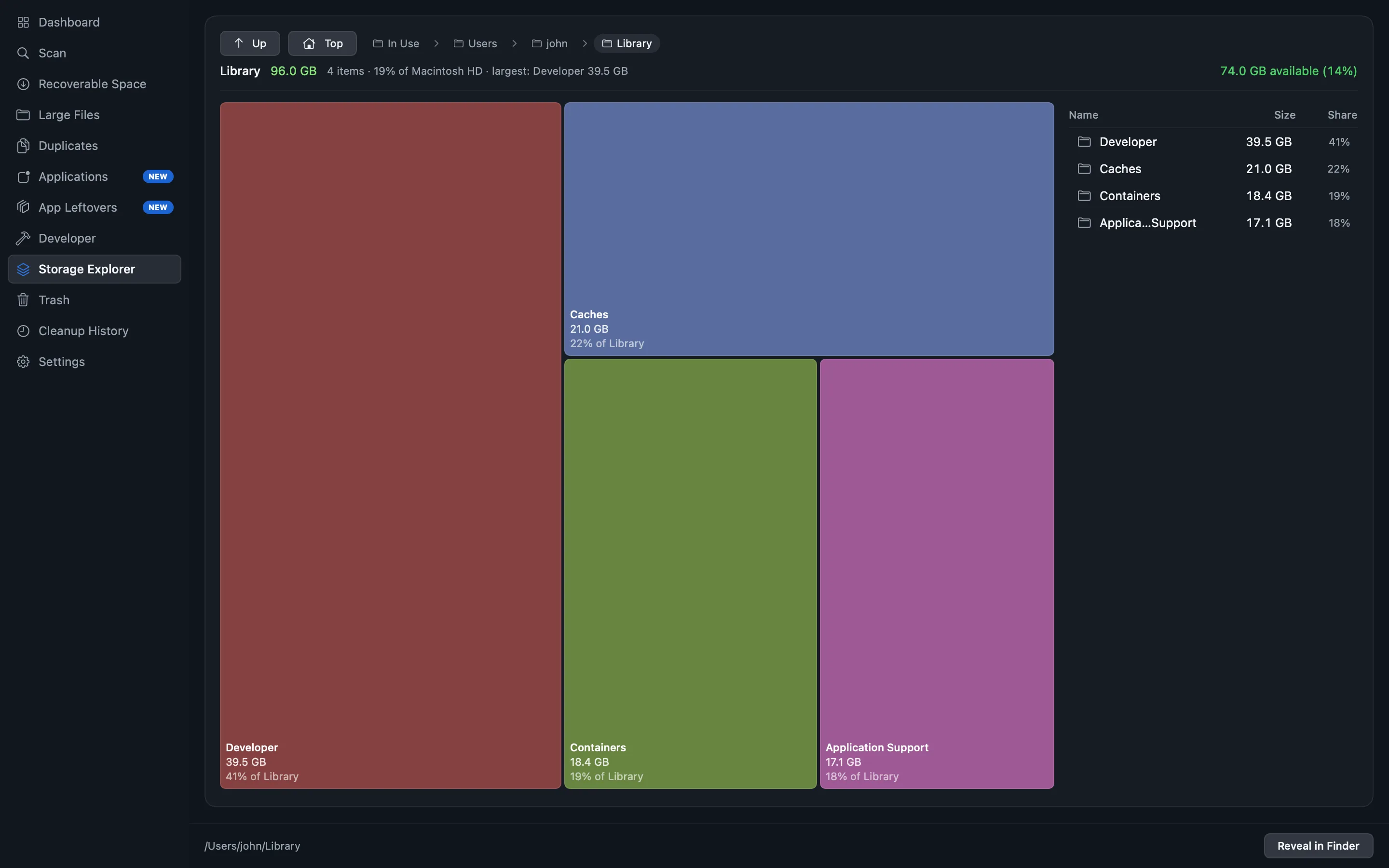 The Storage Explorer screen: a treemap of a Library folder where each rectangle is sized by the space it uses, with the same folders listed beside it.